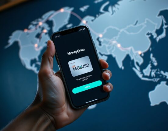 MoneyGram app interface showing MGUSD stablecoin balance on smartphone with global map background