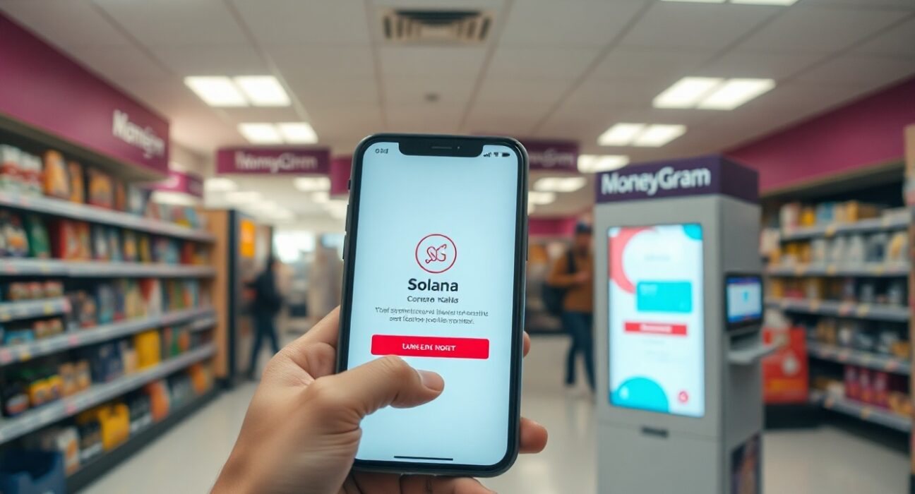 Hand holding smartphone with digital wallet interface near a MoneyGram kiosk in a retail store