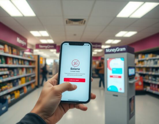 Hand holding smartphone with digital wallet interface near a MoneyGram kiosk in a retail store