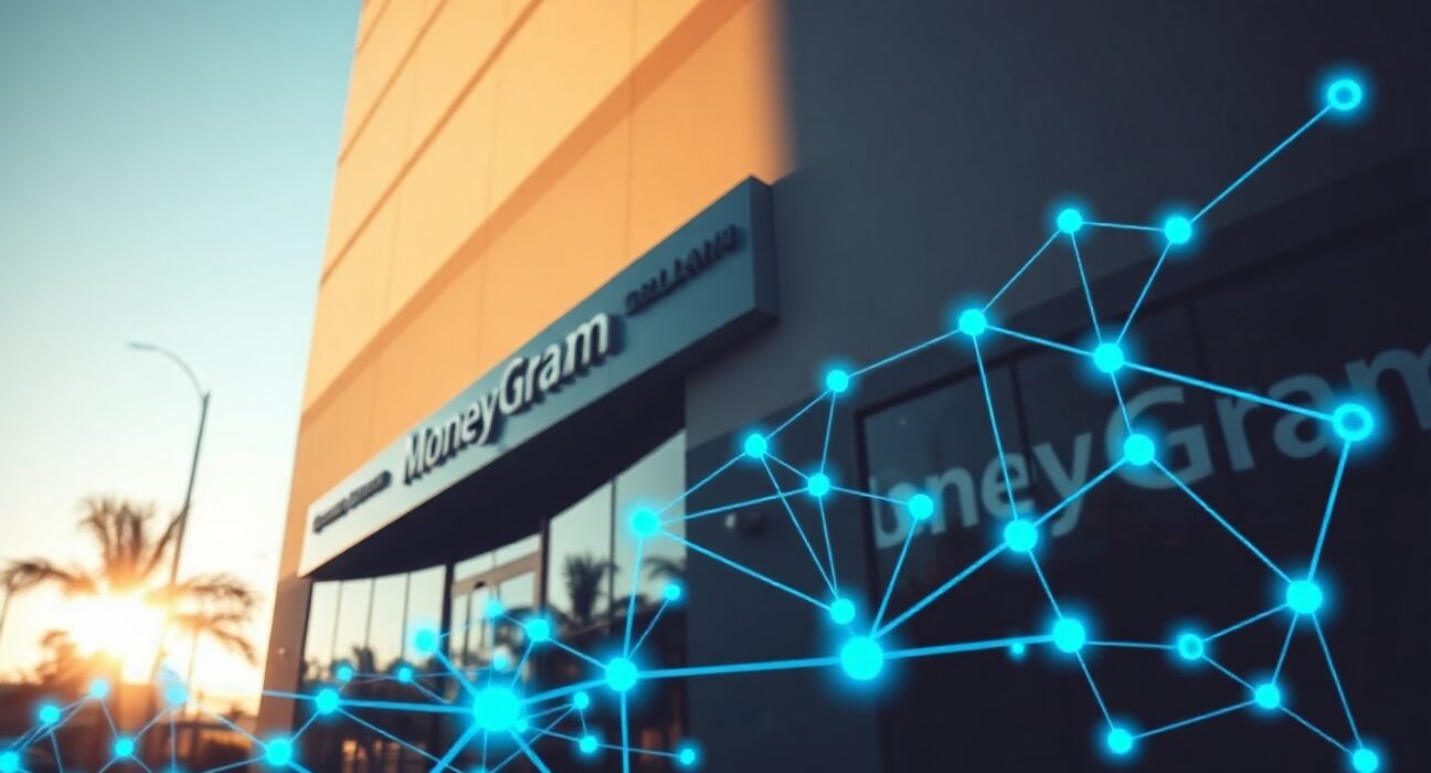 MoneyGram corporate building with abstract blockchain network overlay representing Solana validator partnership
