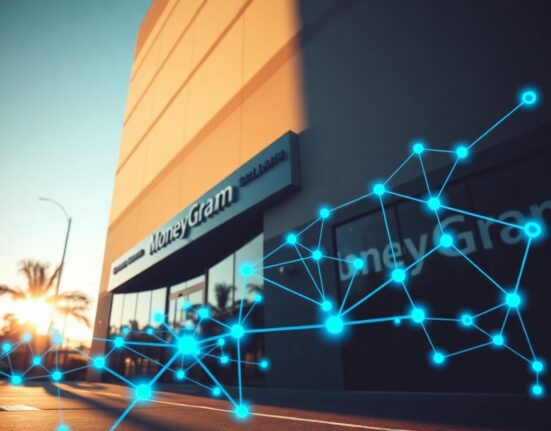 MoneyGram corporate building with abstract blockchain network overlay representing Solana validator partnership