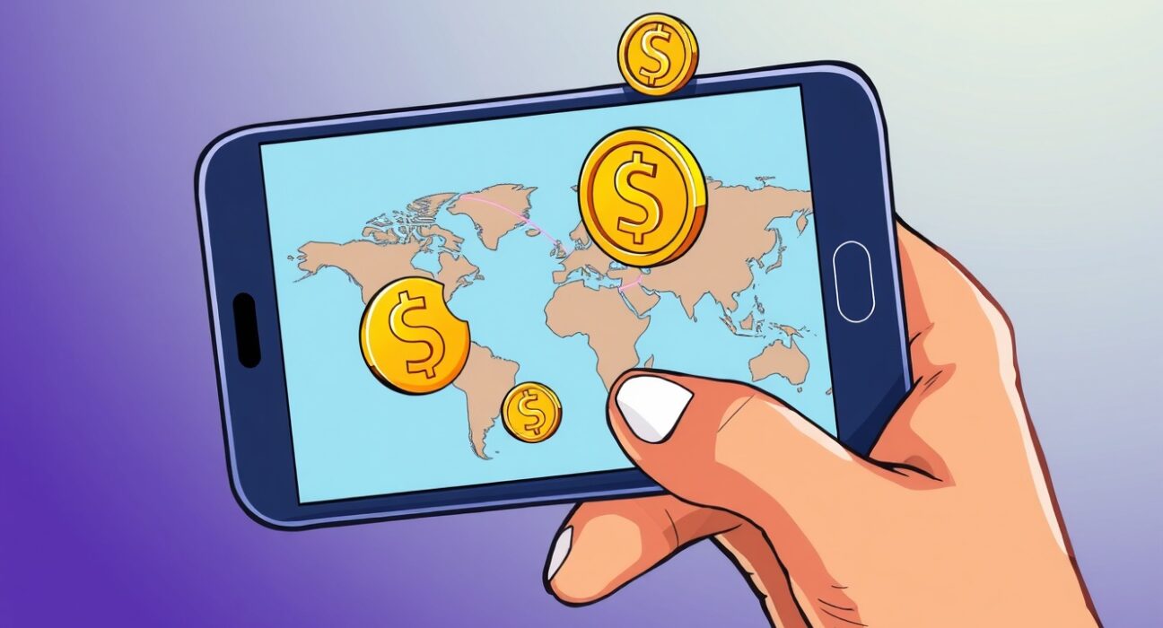 Cartoon illustration showing fast global remittances using MoneyGram stablecoins on a smartphone, conveying ease and speed.