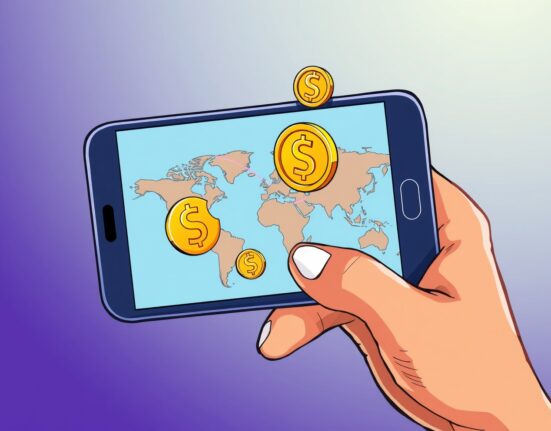 Cartoon illustration showing fast global remittances using MoneyGram stablecoins on a smartphone, conveying ease and speed.