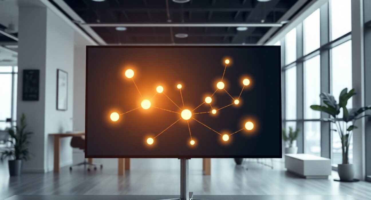 Digital screen showing a blockchain network diagram with a highlighted validator node in a modern financial office
