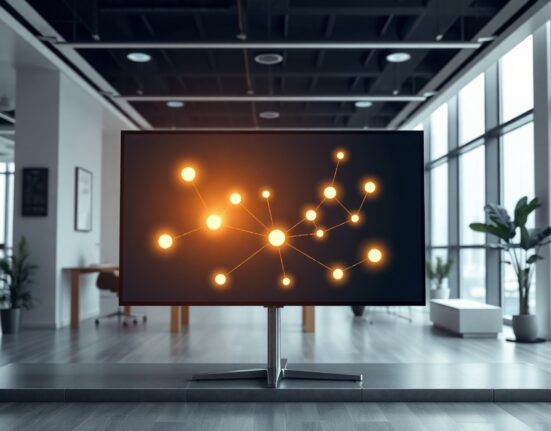 Digital screen showing a blockchain network diagram with a highlighted validator node in a modern financial office