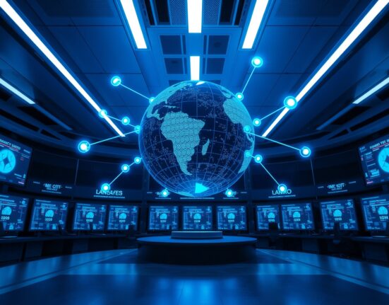 Digital globe with blockchain nodes representing global remittance network