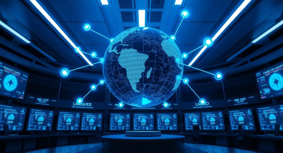 Digital globe with blockchain nodes representing global remittance network