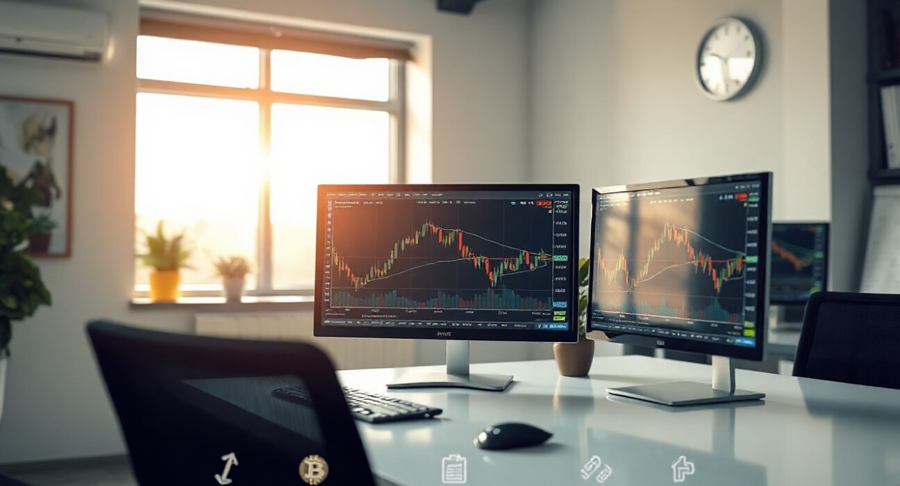 Trading desk with multiple monitors displaying market charts, representing Monolith Market's new account types