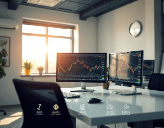 Trading desk with multiple monitors displaying market charts, representing Monolith Market's new account types