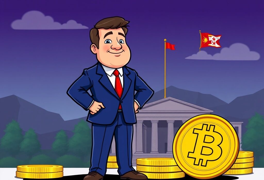 A Montenegrin politician contemplates a strategic national Bitcoin reserve, symbolizing the nation's innovative crypto adoption.