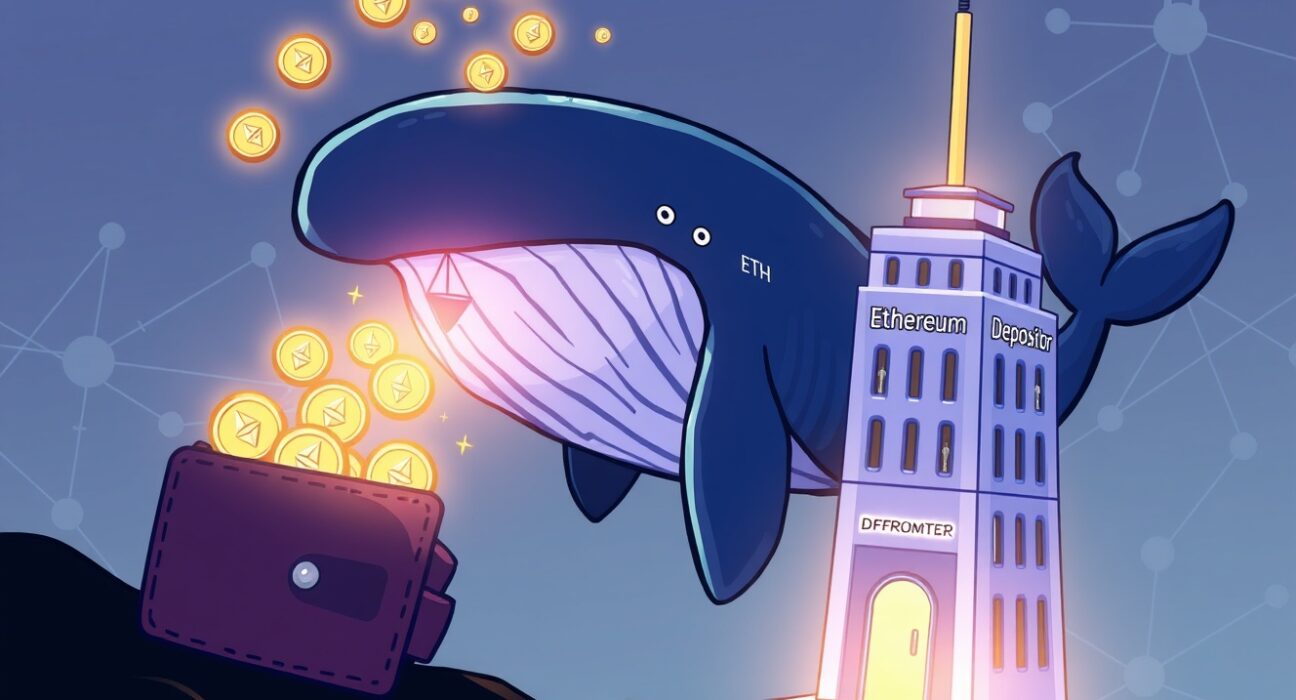 Cartoon illustration of a large ETH transfer from a whale wallet to a Beacon Depositor, symbolizing significant network activity.
