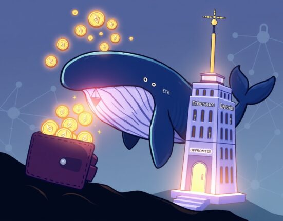 Cartoon illustration of a large ETH transfer from a whale wallet to a Beacon Depositor, symbolizing significant network activity.