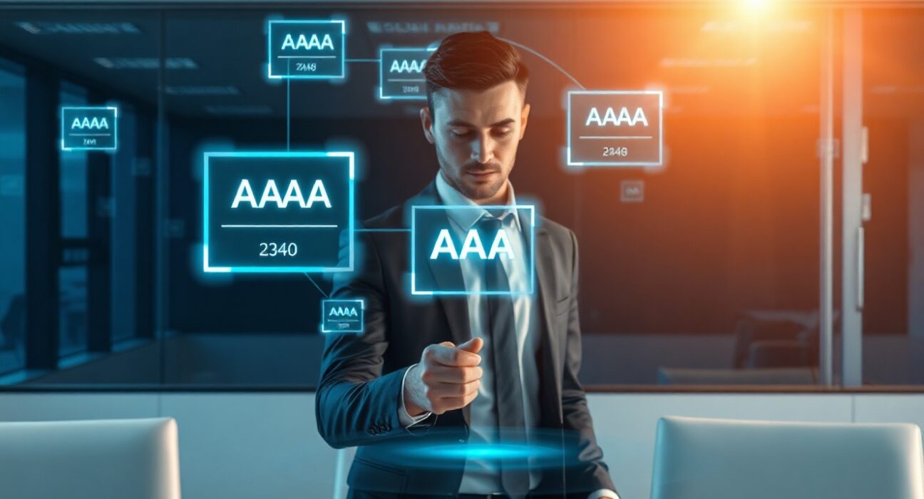 Professional analyst reviewing Moody's credit ratings on a Solana blockchain holographic display