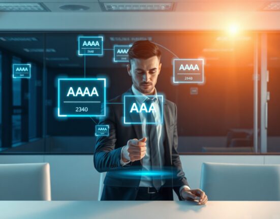 Professional analyst reviewing Moody's credit ratings on a Solana blockchain holographic display