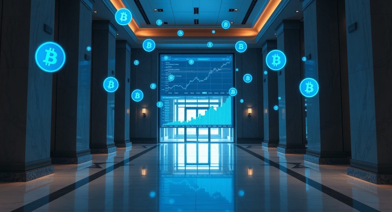 Modern bank interior with digital tokenization and blockchain data overlays
