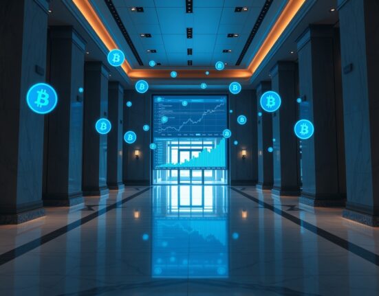 Modern bank interior with digital tokenization and blockchain data overlays