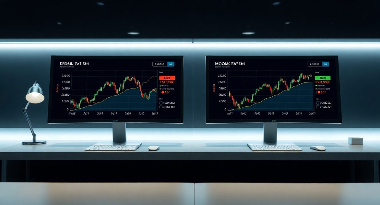 Trading desk monitors showing Moomoo and Kalshi prediction market interfaces with Fed rate probability graph