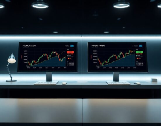 Trading desk monitors showing Moomoo and Kalshi prediction market interfaces with Fed rate probability graph