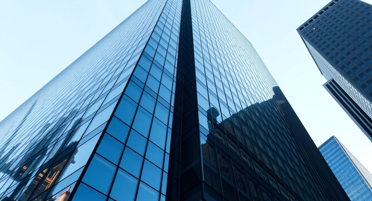 Exterior of a modern financial office building in a U.S. city representing Moomoo's corporate presence.