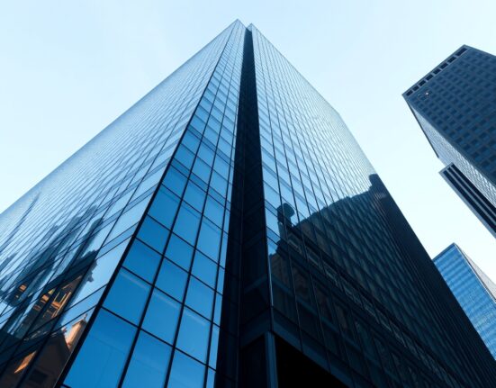 Exterior of a modern financial office building in a U.S. city representing Moomoo's corporate presence.