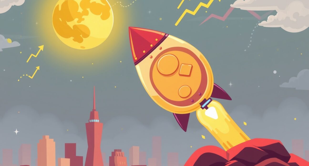 A vibrant cartoon rocket coin launching towards a golden moon, symbolizing the ambitious $100 million crypto fund.