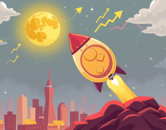 A vibrant cartoon rocket coin launching towards a golden moon, symbolizing the ambitious $100 million crypto fund.