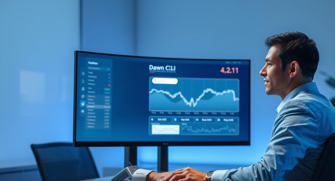 Professional analyst using Dawn CLI AI trading tool on a monitor in a modern office setting