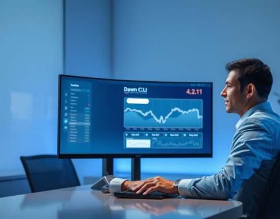 Professional analyst using Dawn CLI AI trading tool on a monitor in a modern office setting