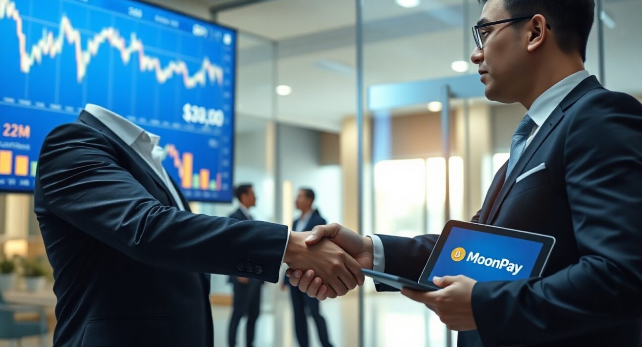 Two business executives shaking hands in a modern fintech office with digital financial charts on a screen