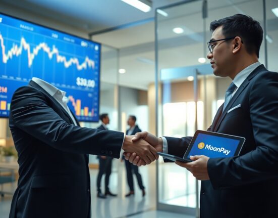 Two business executives shaking hands in a modern fintech office with digital financial charts on a screen