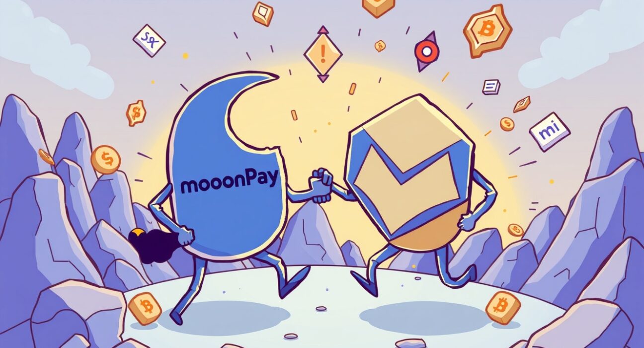 Cartoon illustration of MoonPay and Meso merging, symbolizing a strategic MoonPay acquisition and the future of crypto payments.
