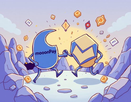 Cartoon illustration of MoonPay and Meso merging, symbolizing a strategic MoonPay acquisition and the future of crypto payments.