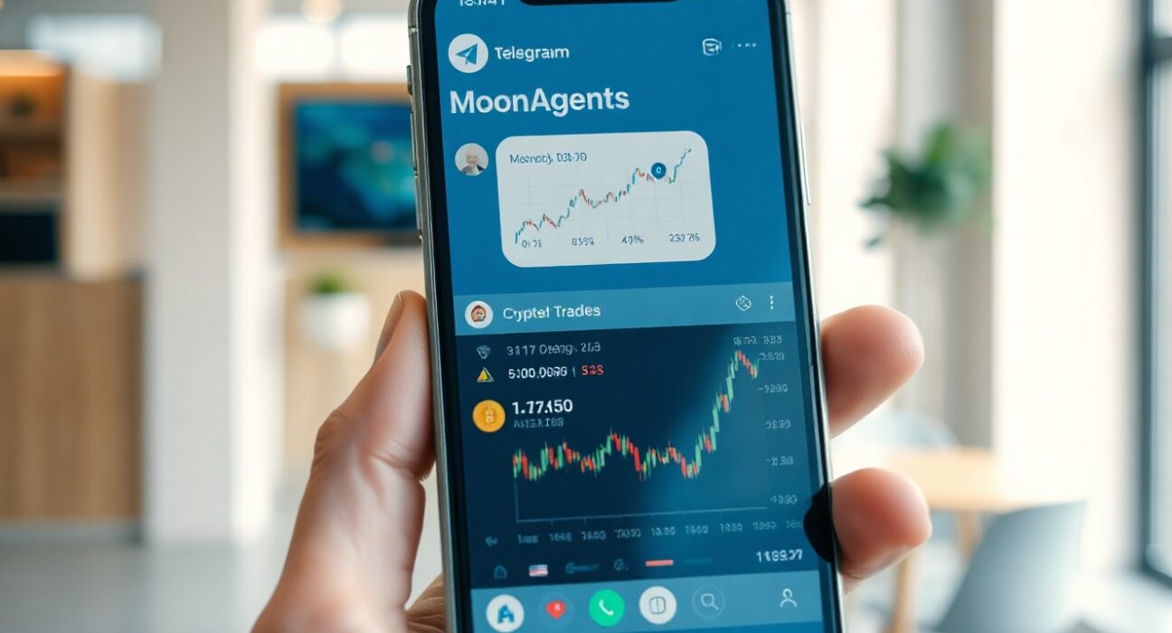 Smartphone displaying Telegram chat with MoonAgents AI crypto agent showing trading charts