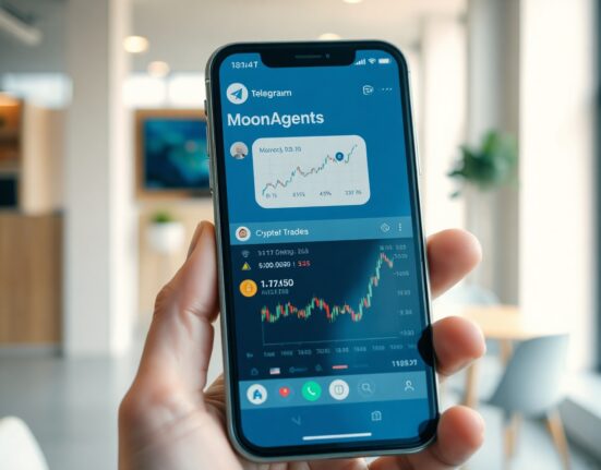 Smartphone displaying Telegram chat with MoonAgents AI crypto agent showing trading charts