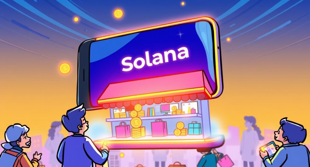 A vibrant cartoon illustration showing the MoonPay Commerce app simplifying cryptocurrency payments on the Solana Mobile Seeker smartphone.