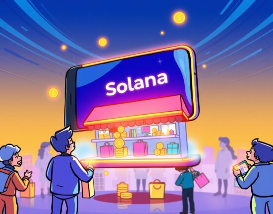 A vibrant cartoon illustration showing the MoonPay Commerce app simplifying cryptocurrency payments on the Solana Mobile Seeker smartphone.