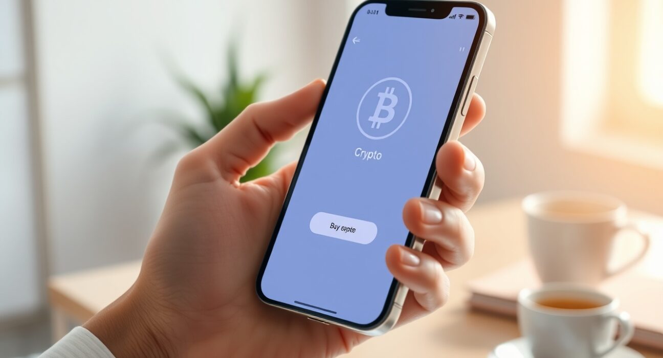 Smartphone displaying a crypto purchase interface in a modern office setting