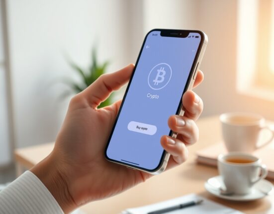 Smartphone displaying a crypto purchase interface in a modern office setting