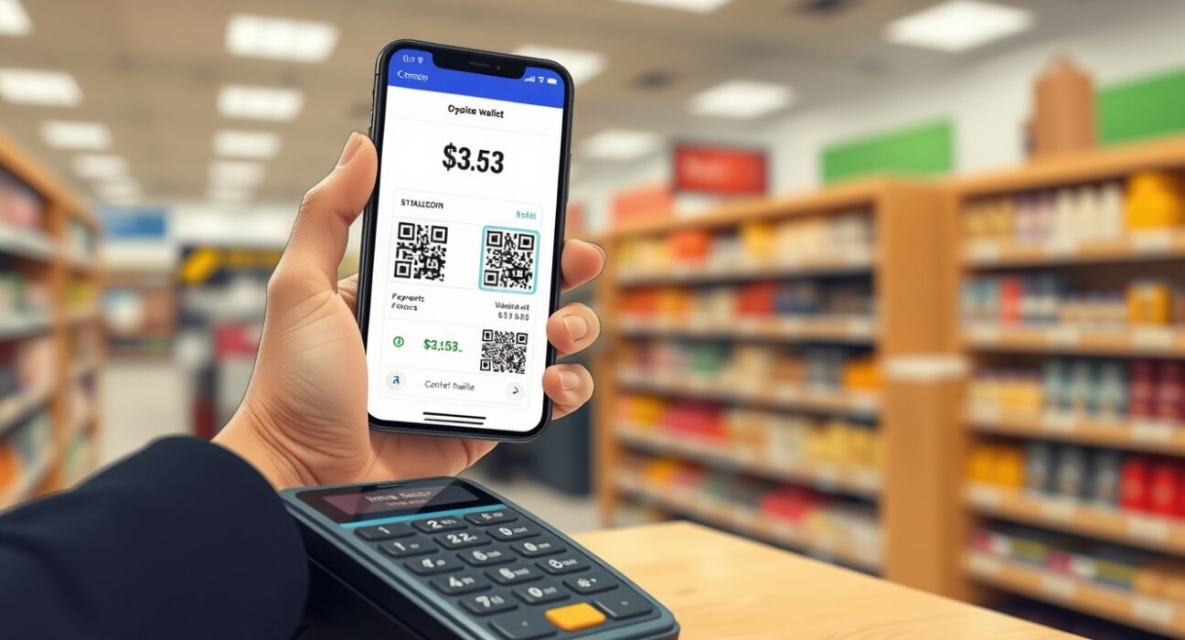 Customer using smartphone crypto wallet to pay with stablecoins at retail store checkout with Ingenico terminal