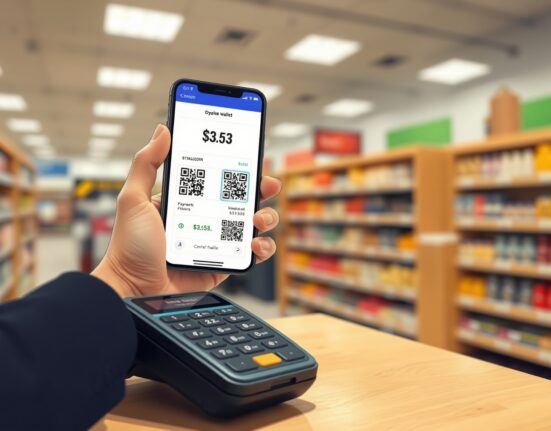 Customer using smartphone crypto wallet to pay with stablecoins at retail store checkout with Ingenico terminal