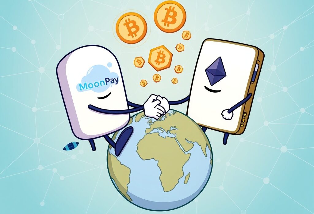 A cartoon illustration depicting the MoonPay Trust Wallet partnership, symbolizing seamless crypto transactions and global digital asset accessibility.