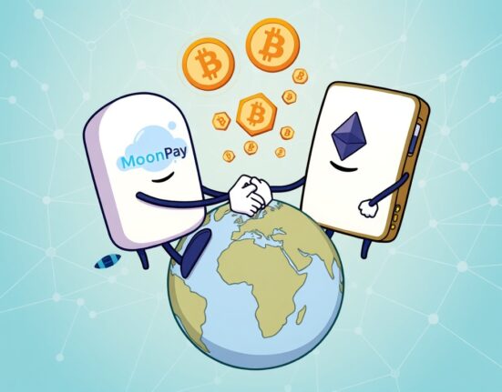 A cartoon illustration depicting the MoonPay Trust Wallet partnership, symbolizing seamless crypto transactions and global digital asset accessibility.