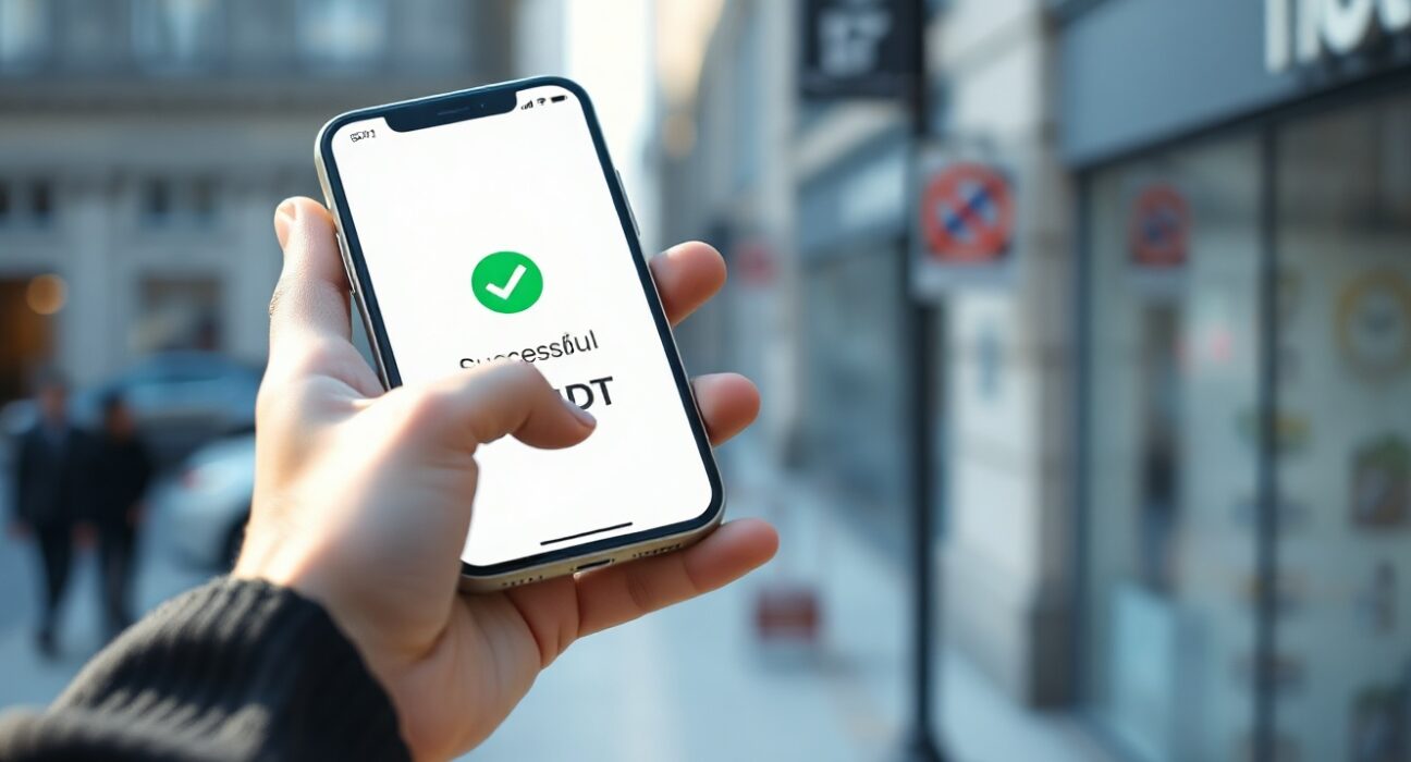 Smartphone displaying a successful stablecoin transaction on the MoonPay app