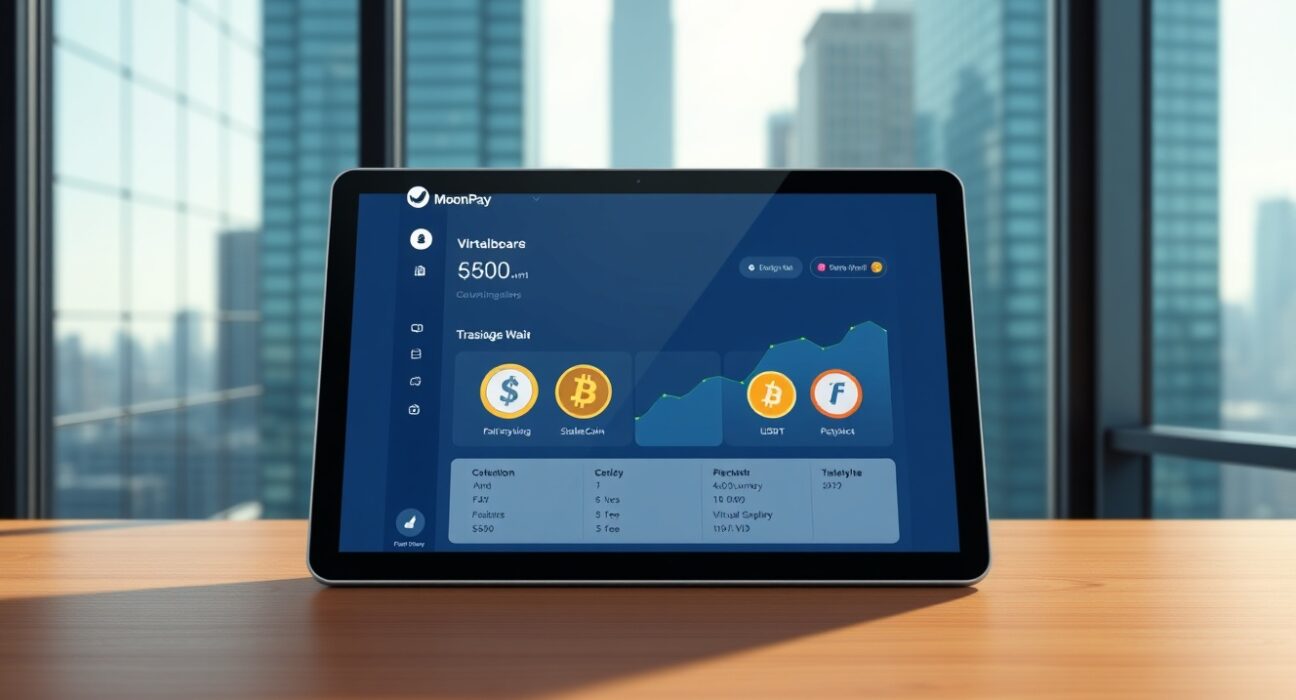 MoonPay virtual account service dashboard on tablet showing fiat to stablecoin conversion in New York office setting