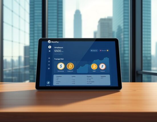 MoonPay virtual account service dashboard on tablet showing fiat to stablecoin conversion in New York office setting