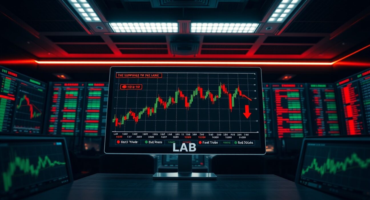 Trading monitor displaying volatile LAB price chart with warning indicators in a dark office
