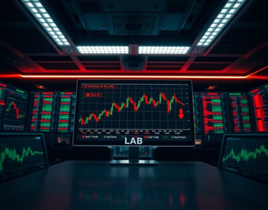 Trading monitor displaying volatile LAB price chart with warning indicators in a dark office