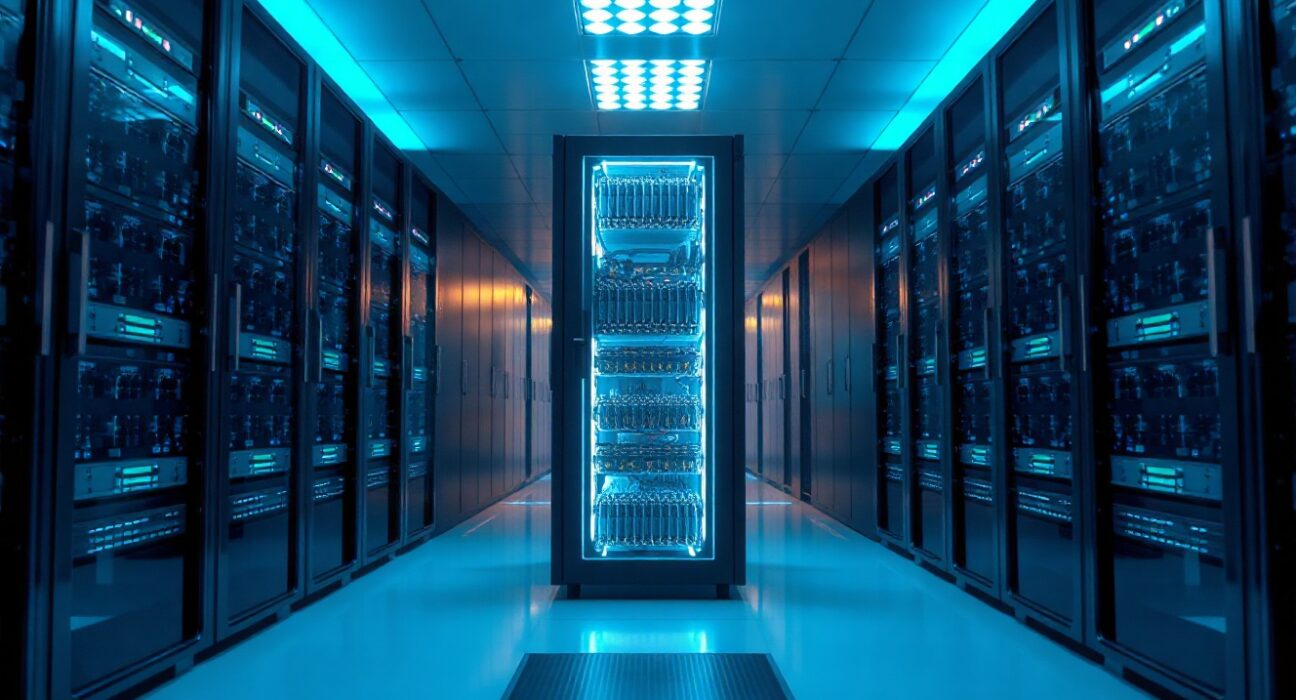 Interior of a modern data center in Beijing with blue-lit server racks, representing Moonshot AI's infrastructure.