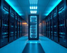 Interior of a modern data center in Beijing with blue-lit server racks, representing Moonshot AI's infrastructure.