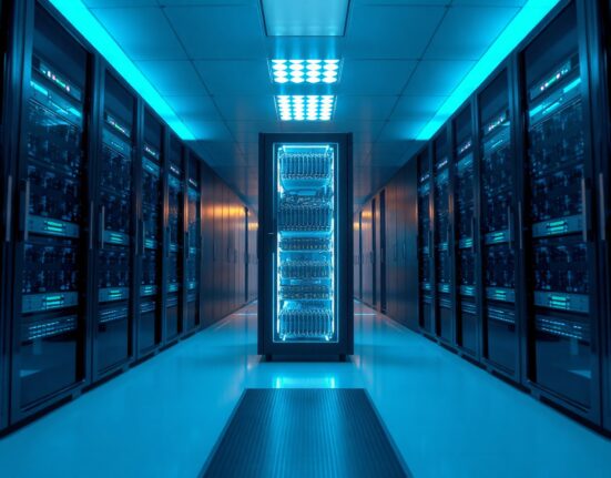 Interior of a modern data center in Beijing with blue-lit server racks, representing Moonshot AI's infrastructure.